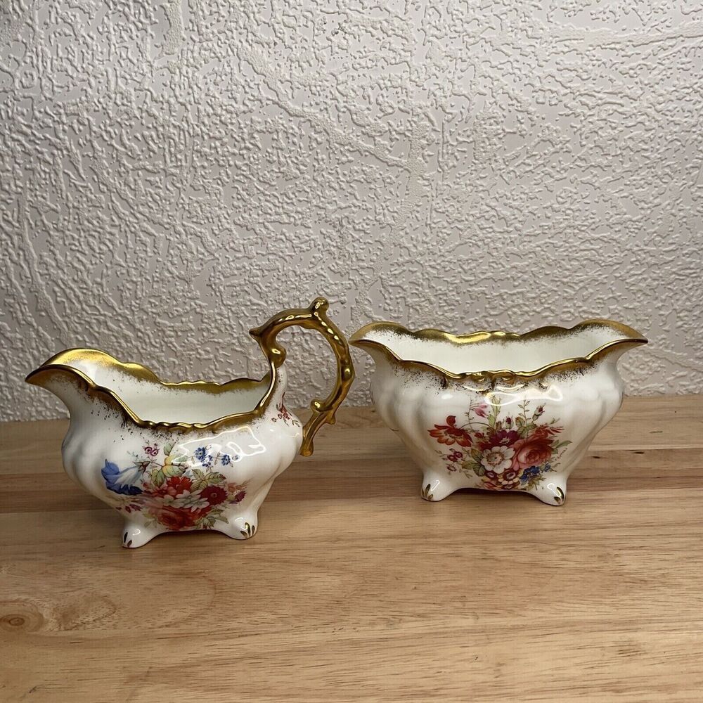 VTG Hammersley Lady Patricia Gold Signed FHoward Creamer Milk Jug Sugar Bowl Set